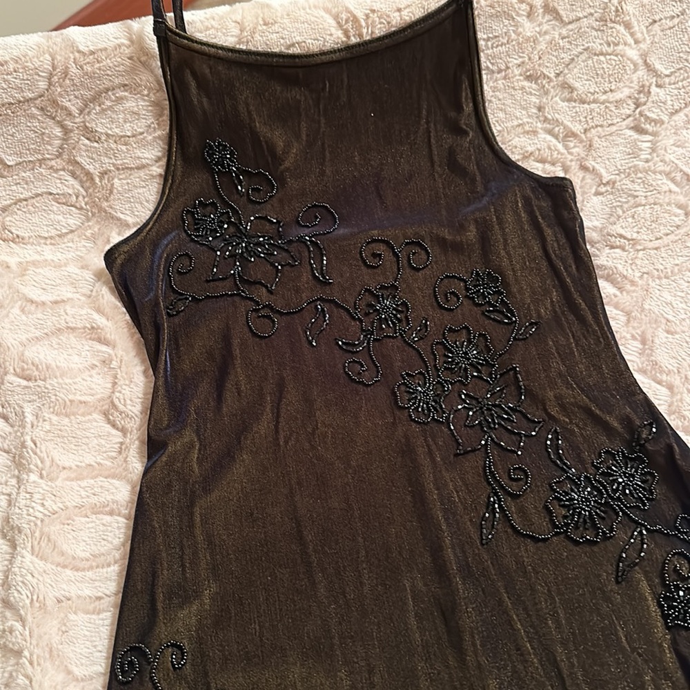 Brown full length formal or part dress with black beading